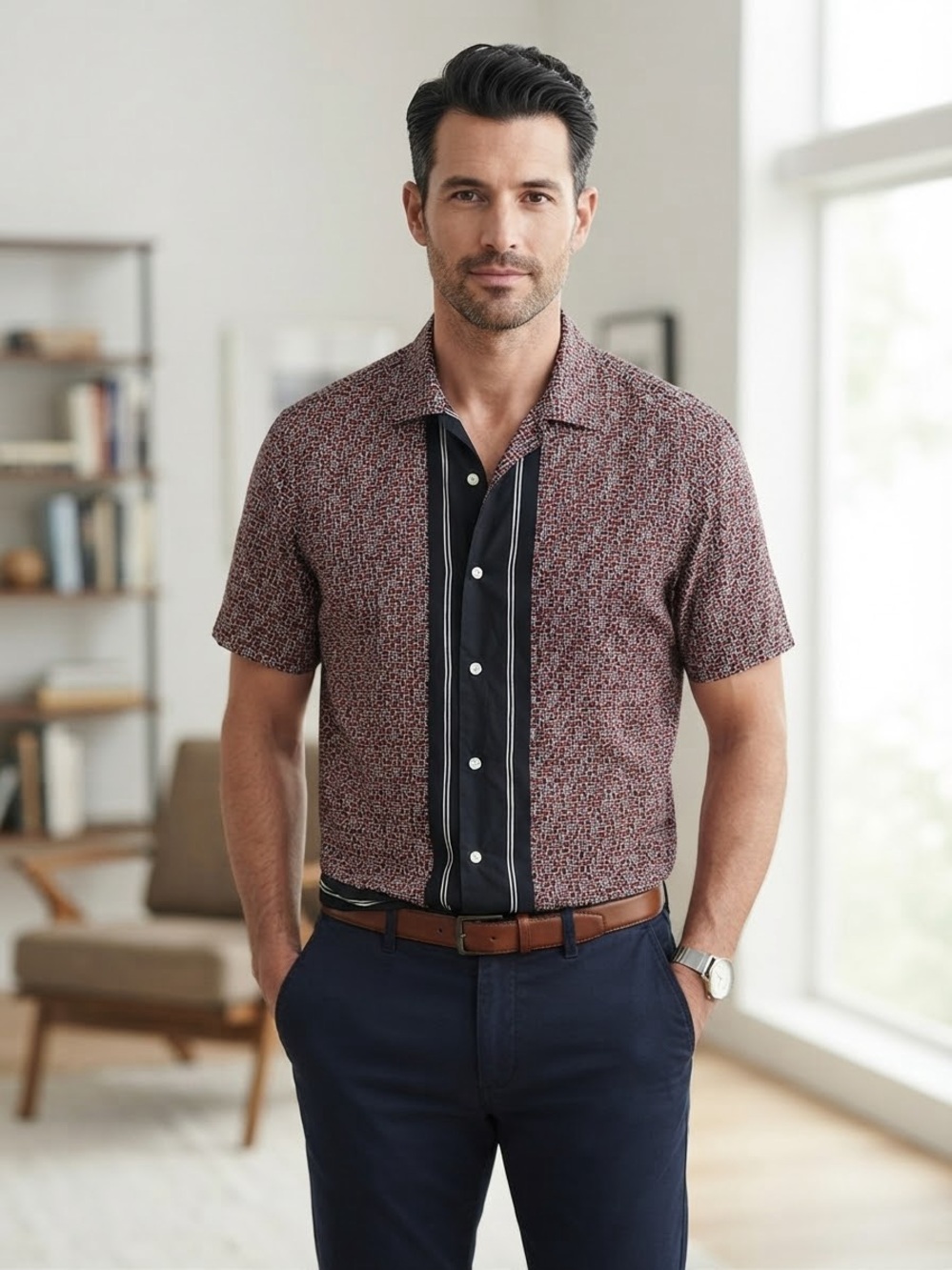 Joseph Abboud Short Sleeve Button-Down Shirt in Burgundy with Black Placket